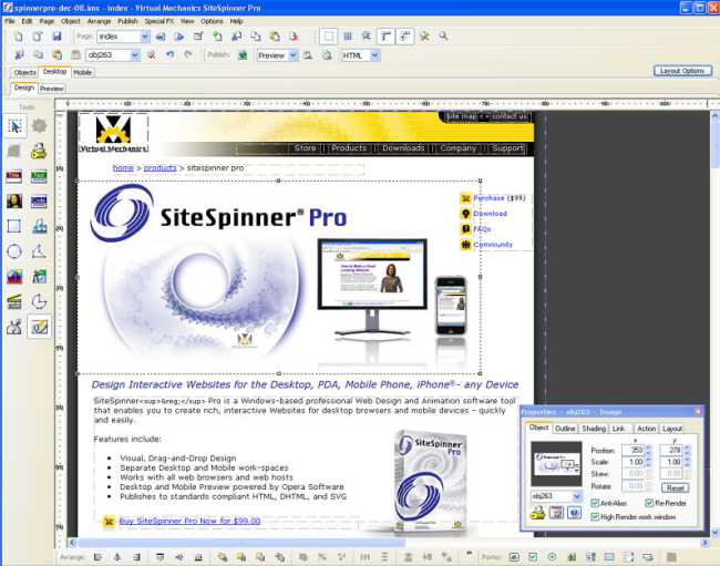 Phần mềm thiết kế web kéo thả Site Spinner